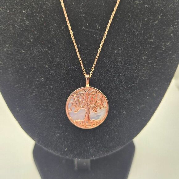 Tree Of Life Rose Gold Necklace Mother Of Pearl Pendant 18" Chain Sterling 925 G - Picture 2 of 5